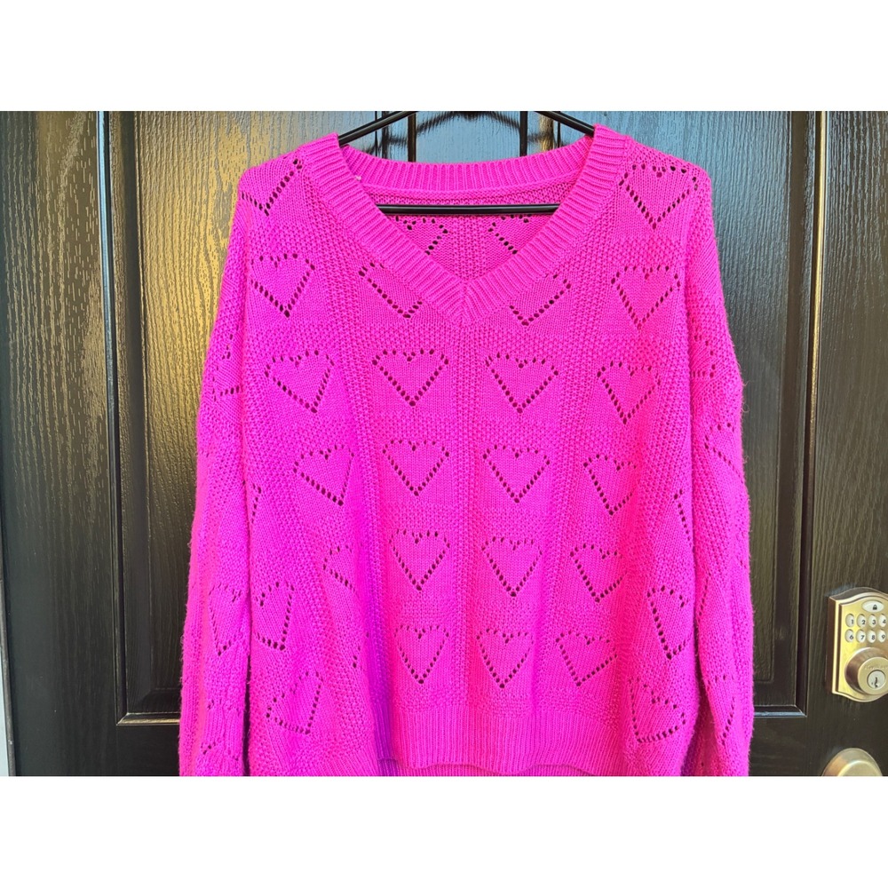 Hot Pink Heart Pointelle Knit V-Neck Sweater Long Sleeve Pullover Fuchsia Large